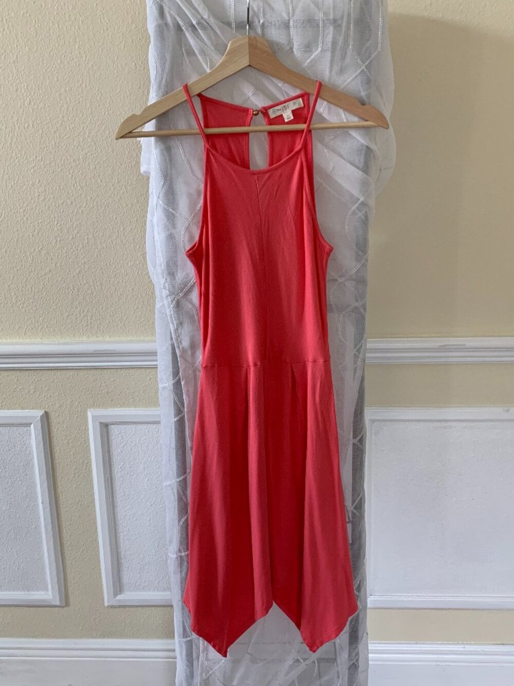 love, Fire Coral Halterneck Summer Dress with Handkerchief Hem Size XS